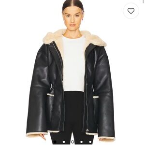 Black and Cream Leather Jacket with Shearling Trim